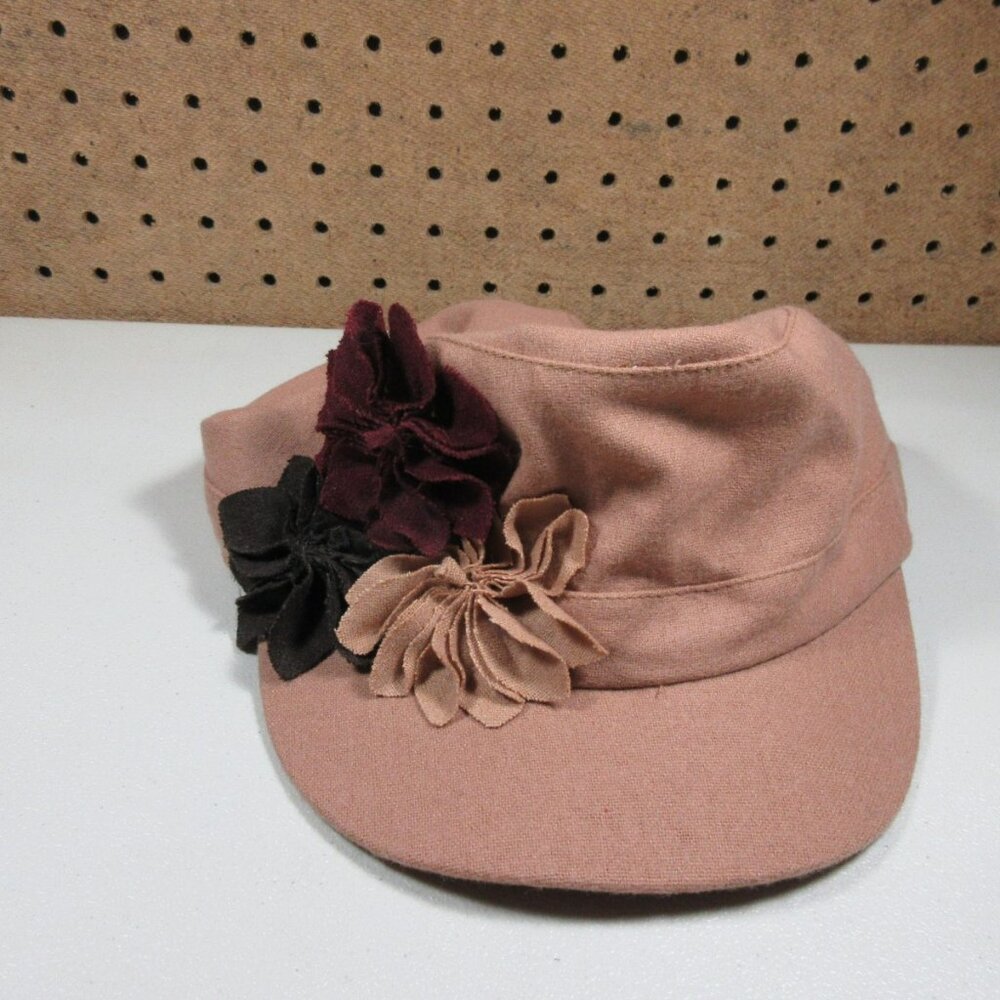 SCALA PRONTO womens camel embossed flowers stretch cap OS NWT